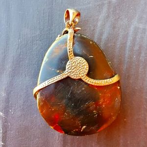 New Huge Unique Brown Amber Wrapped 925 Silver Pendant.